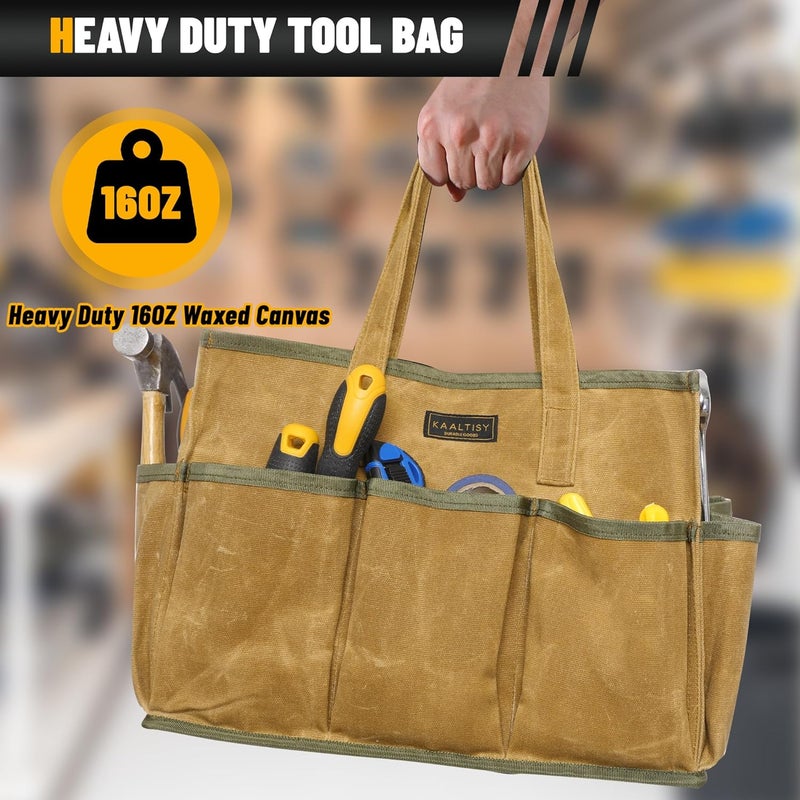 Kaaltisy 16OZ Waxed Canvas Tool Tote Bag | Large-Capacity Tool Storage Tote with 10 External Pockets | Multi-Purpose Garden Tool Carrier for Gardening, Wrench, and Carpentry Tools – Khaki - Image 4